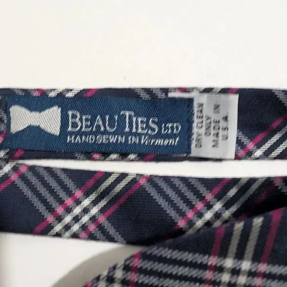 Beau Ties Ltd 100% Silk Wide Plaid Blue Adjustable Self Bow Tie Handmade In USA